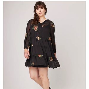 Figueroa & Flower V-Neck Boho Black Embroidered Floral Tiered Dress Plus 2X